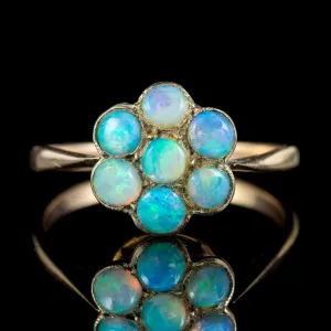 Antique Victorian Opal Cluster Flower Ring 9Ct Gold Circa 1880