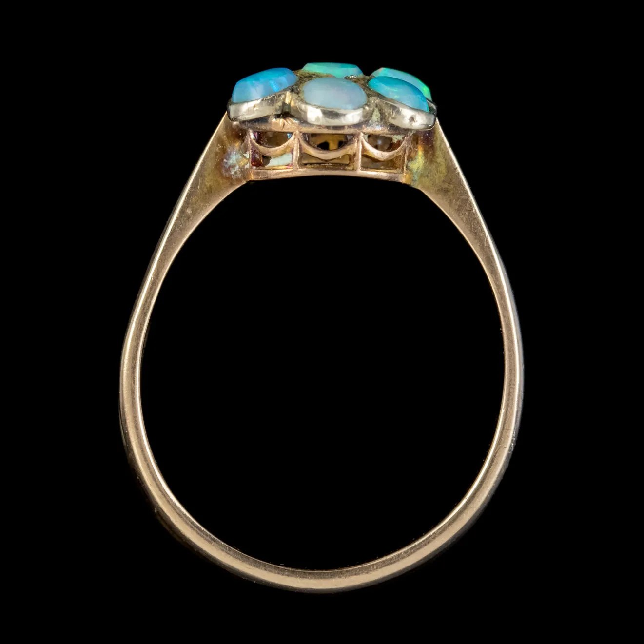 Antique Victorian Opal Cluster Flower Ring 9Ct Gold Circa 1880