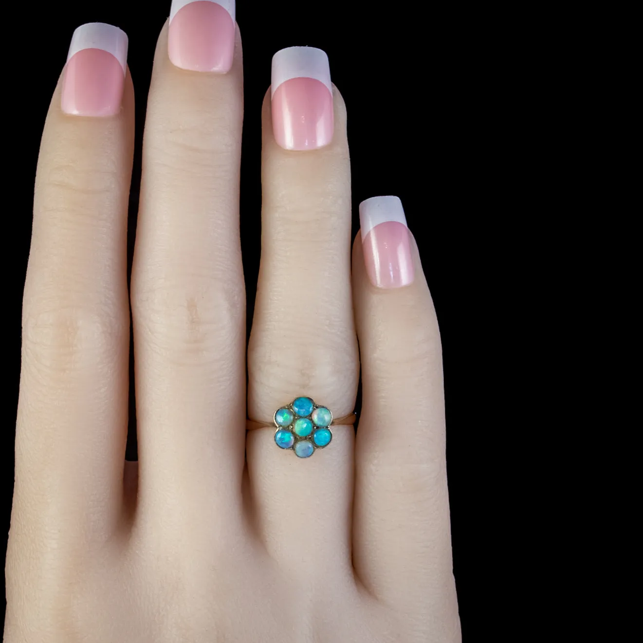 Antique Victorian Opal Cluster Flower Ring 9Ct Gold Circa 1880