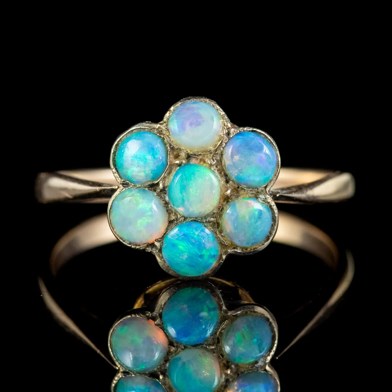 Antique Victorian Opal Cluster Flower Ring 9Ct Gold Circa 1880