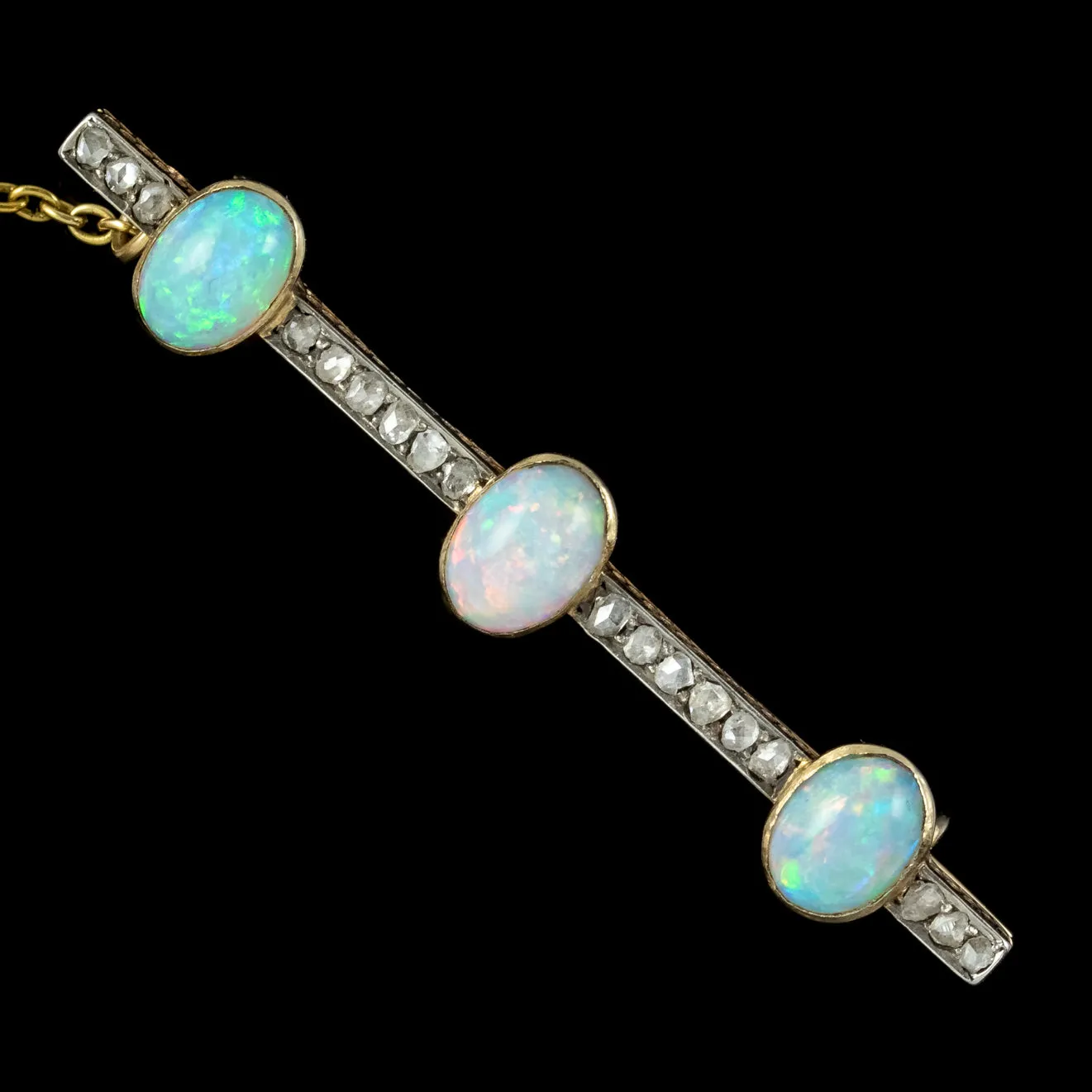 Antique Victorian Opal Diamond Bar Brooch 18ct Gold Silver 4.5ct Of Opal Circa 1900
