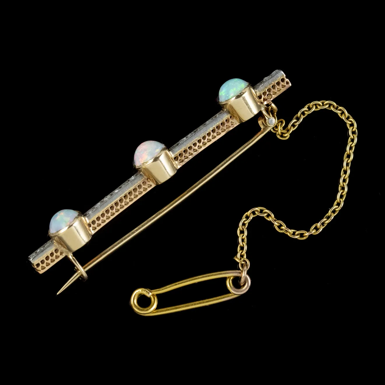 Antique Victorian Opal Diamond Bar Brooch 18ct Gold Silver 4.5ct Of Opal Circa 1900