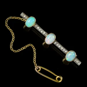 Antique Victorian Opal Diamond Bar Brooch 18ct Gold Silver 4.5ct Of Opal Circa 1900