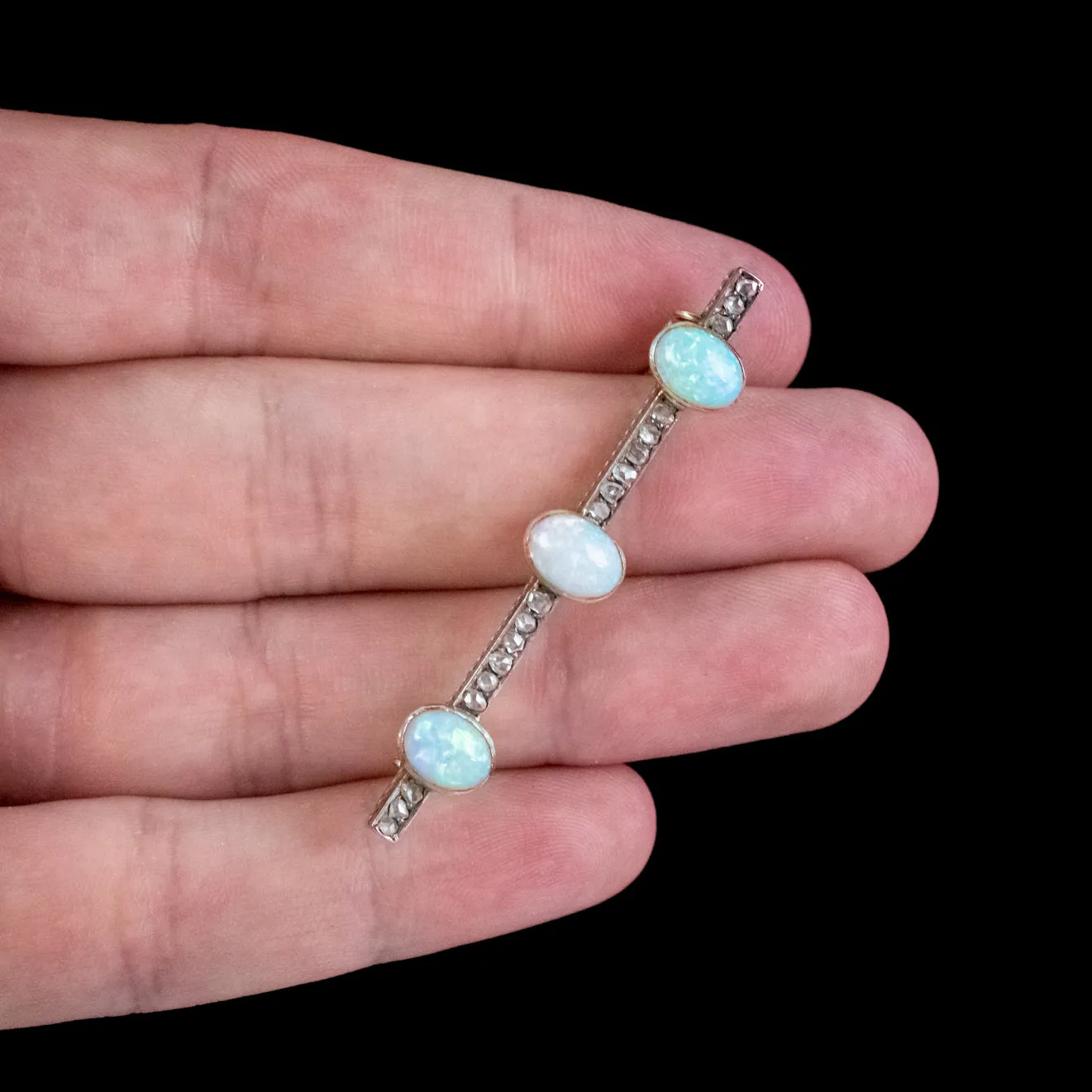 Antique Victorian Opal Diamond Bar Brooch 18ct Gold Silver 4.5ct Of Opal Circa 1900