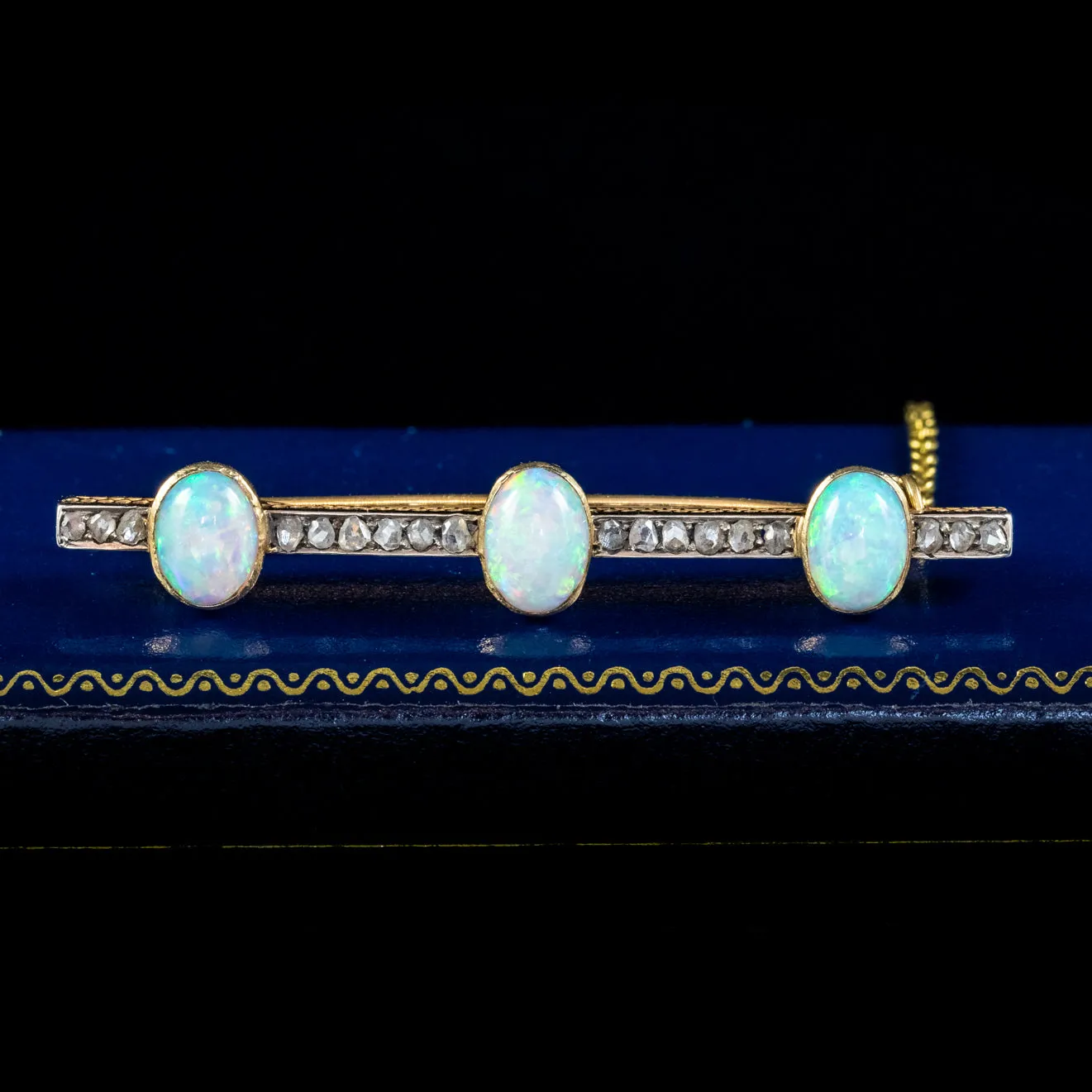 Antique Victorian Opal Diamond Bar Brooch 18ct Gold Silver 4.5ct Of Opal Circa 1900