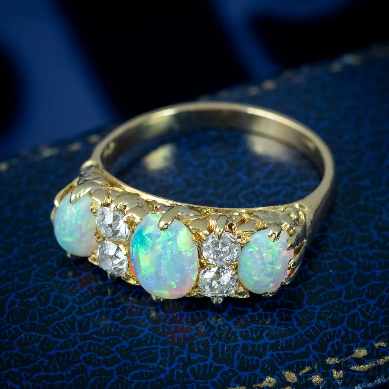 Antique Victorian Opal Diamond Ring 2ct Natural Opals