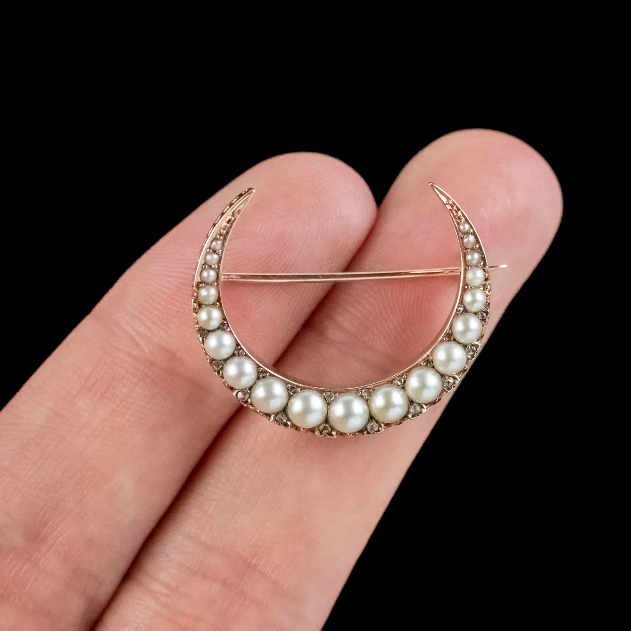 Antique Victorian Pearl Diamond Crescent Moon Brooch 18ct Gold
