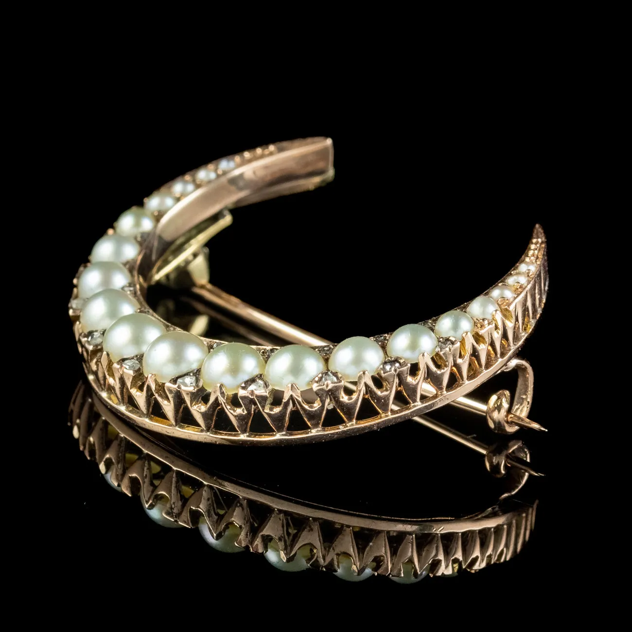 Antique Victorian Pearl Diamond Crescent Moon Brooch 18ct Gold