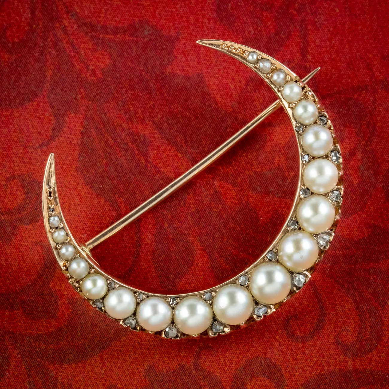 Antique Victorian Pearl Diamond Crescent Moon Brooch 18ct Gold