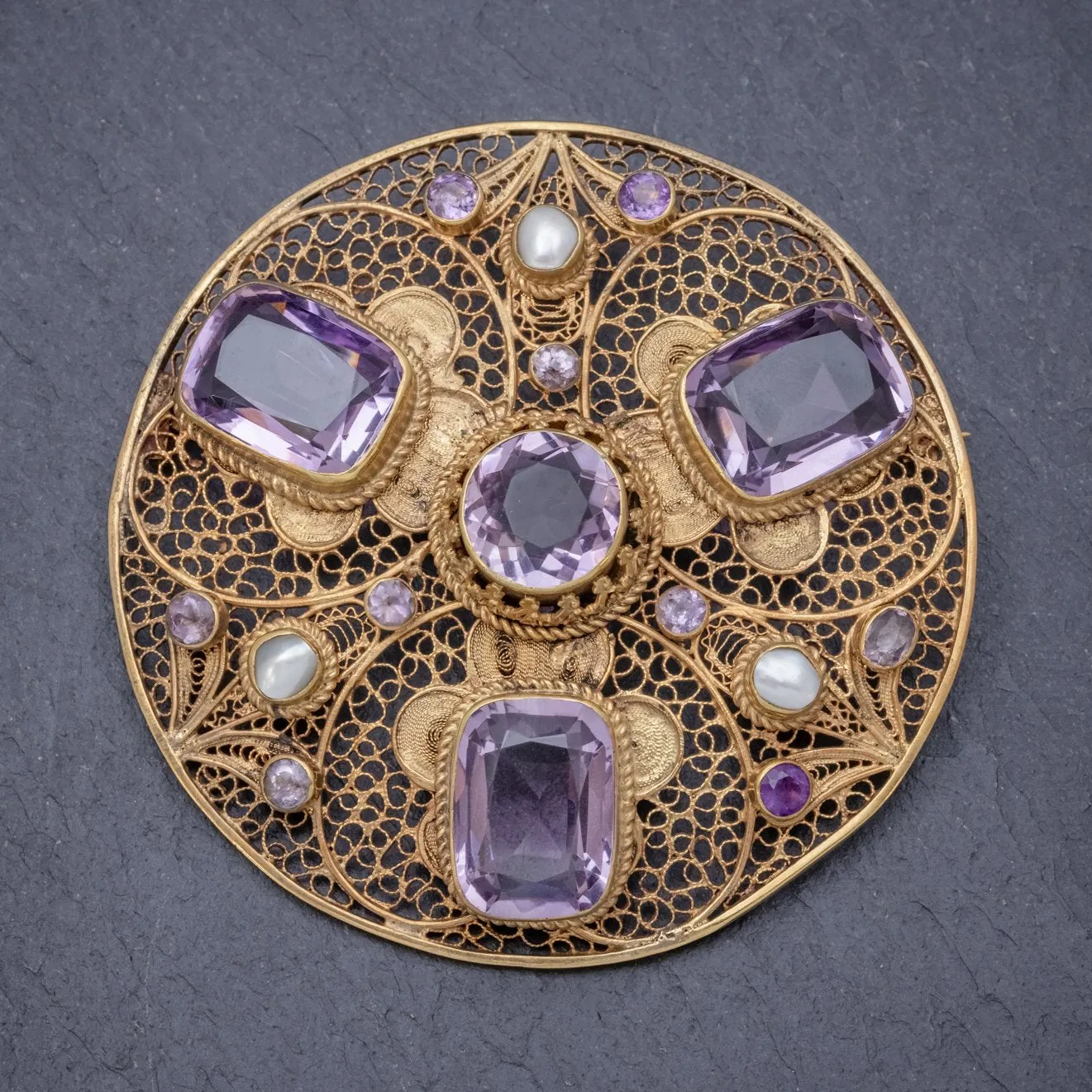 Antique Victorian Purple Spinel Brooch Pearl 18Ct Gold Silver Circa 1900