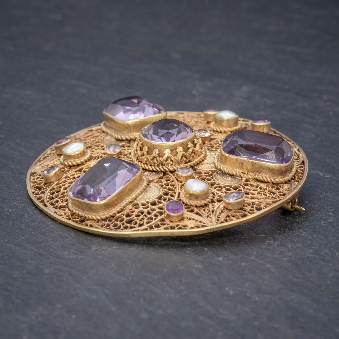 Antique Victorian Purple Spinel Brooch Pearl 18Ct Gold Silver Circa 1900