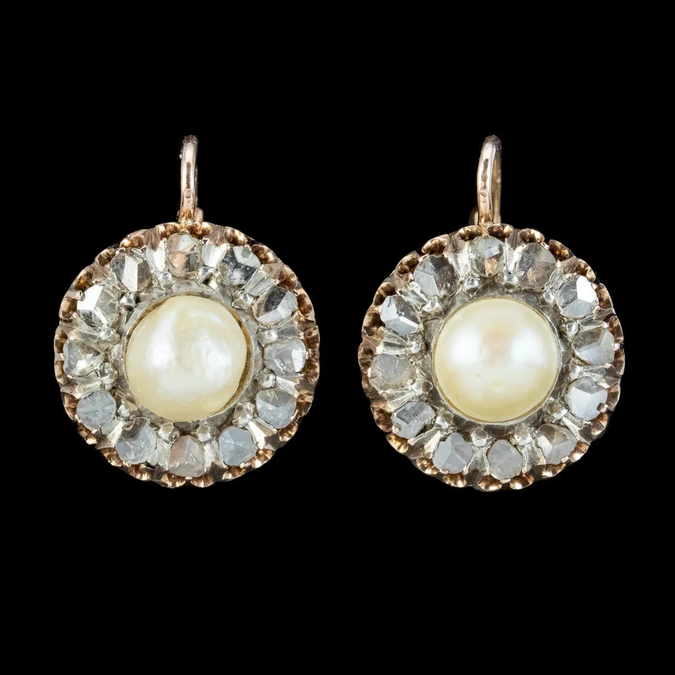 Antique Victorian Rose Cut Diamond Natural Pearl Earrings 3.60ct Of Diamond 18ct Gold Circa 1880