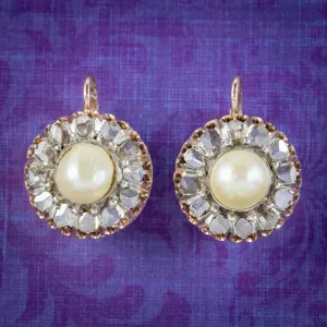 Antique Victorian Rose Cut Diamond Natural Pearl Earrings 3.60ct Of Diamond 18ct Gold Circa 1880