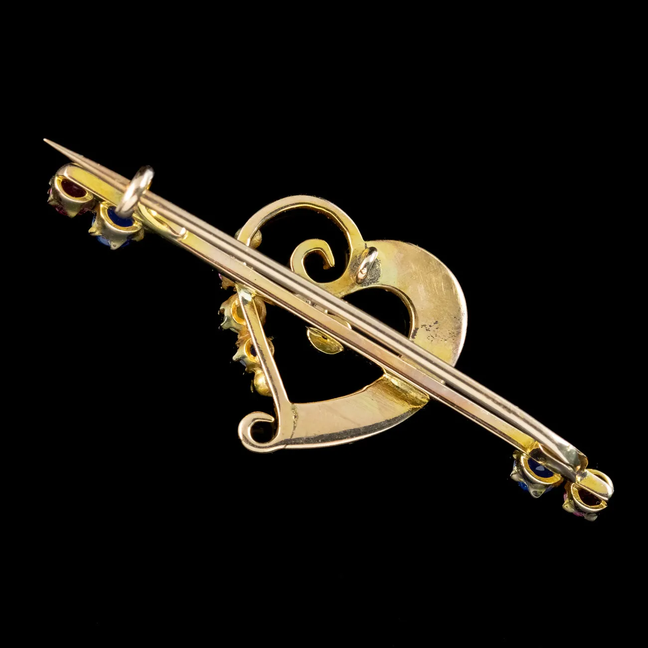 Antique Victorian Sapphire Ruby Pearl Heart Bar Brooch With Box