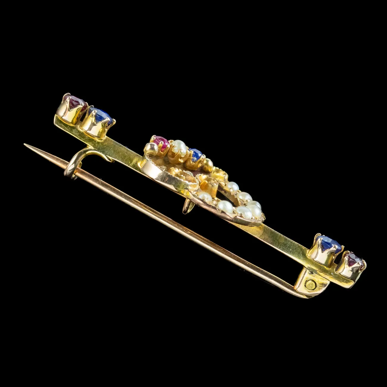 Antique Victorian Sapphire Ruby Pearl Heart Bar Brooch With Box