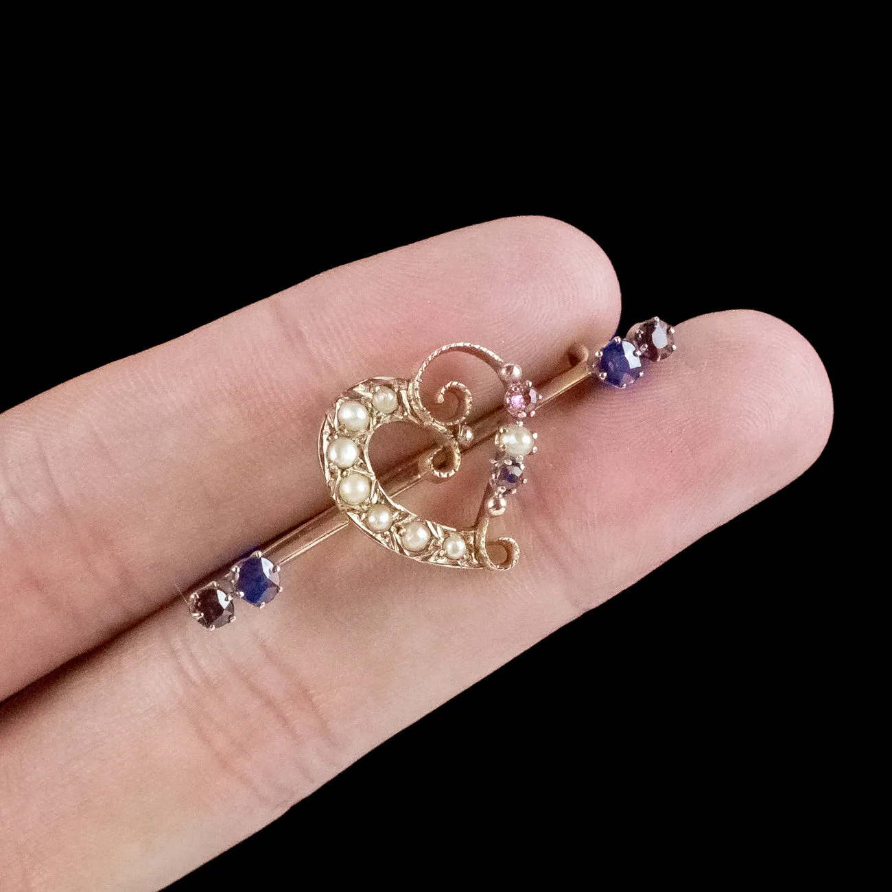 Antique Victorian Sapphire Ruby Pearl Heart Bar Brooch With Box