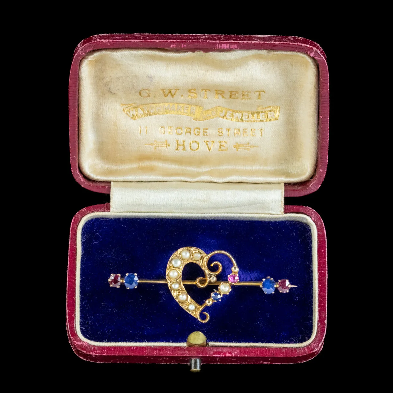 Antique Victorian Sapphire Ruby Pearl Heart Bar Brooch With Box