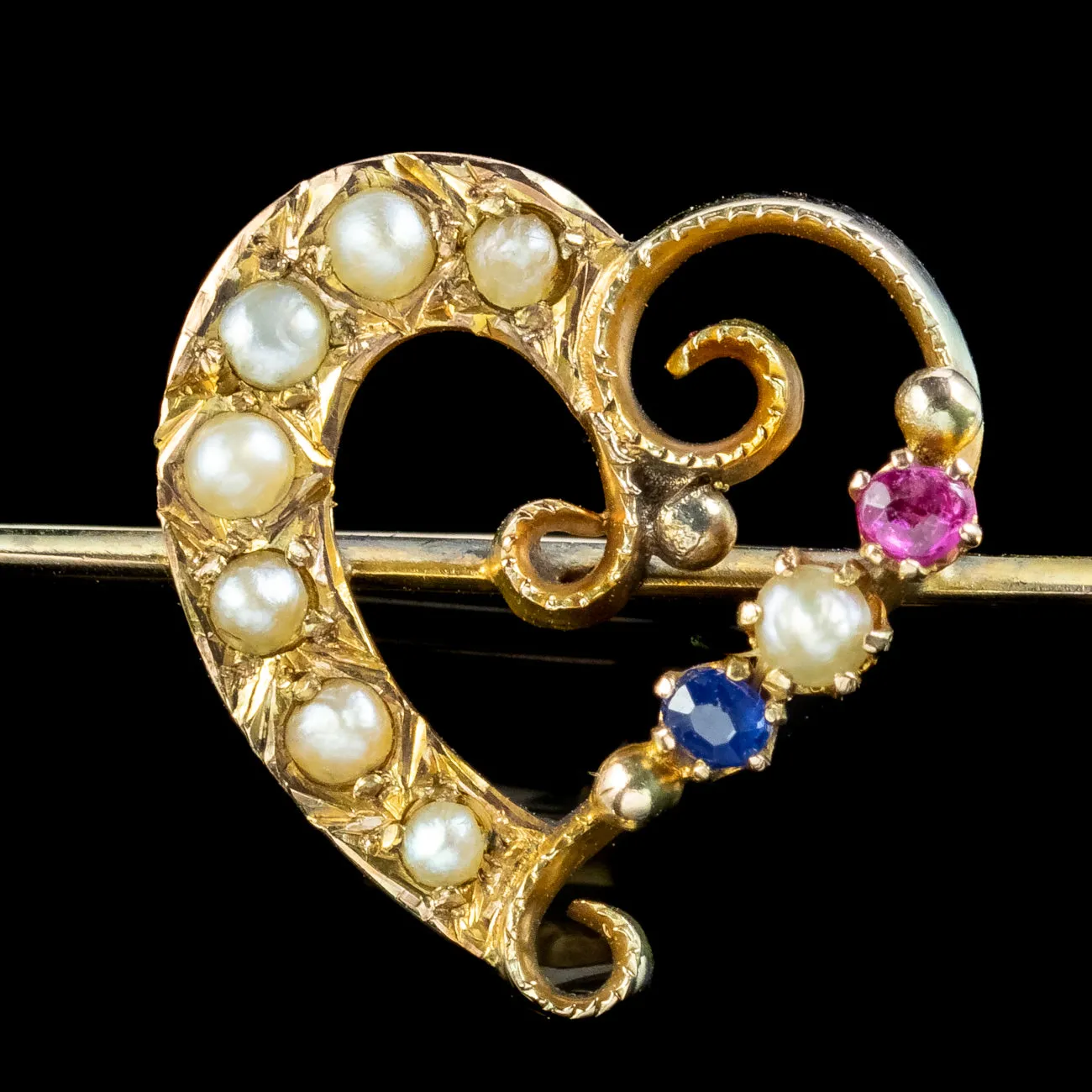 Antique Victorian Sapphire Ruby Pearl Heart Bar Brooch With Box