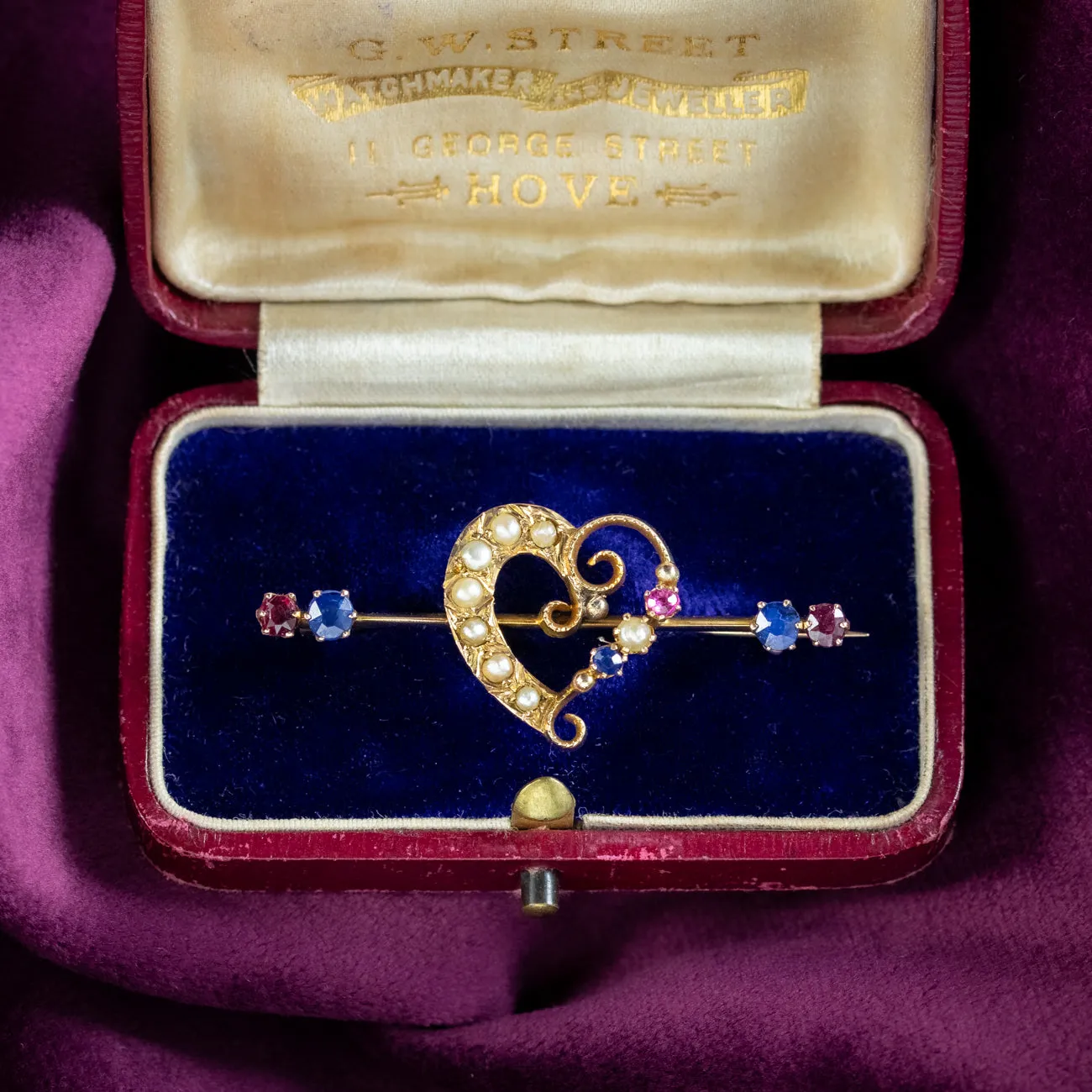 Antique Victorian Sapphire Ruby Pearl Heart Bar Brooch With Box