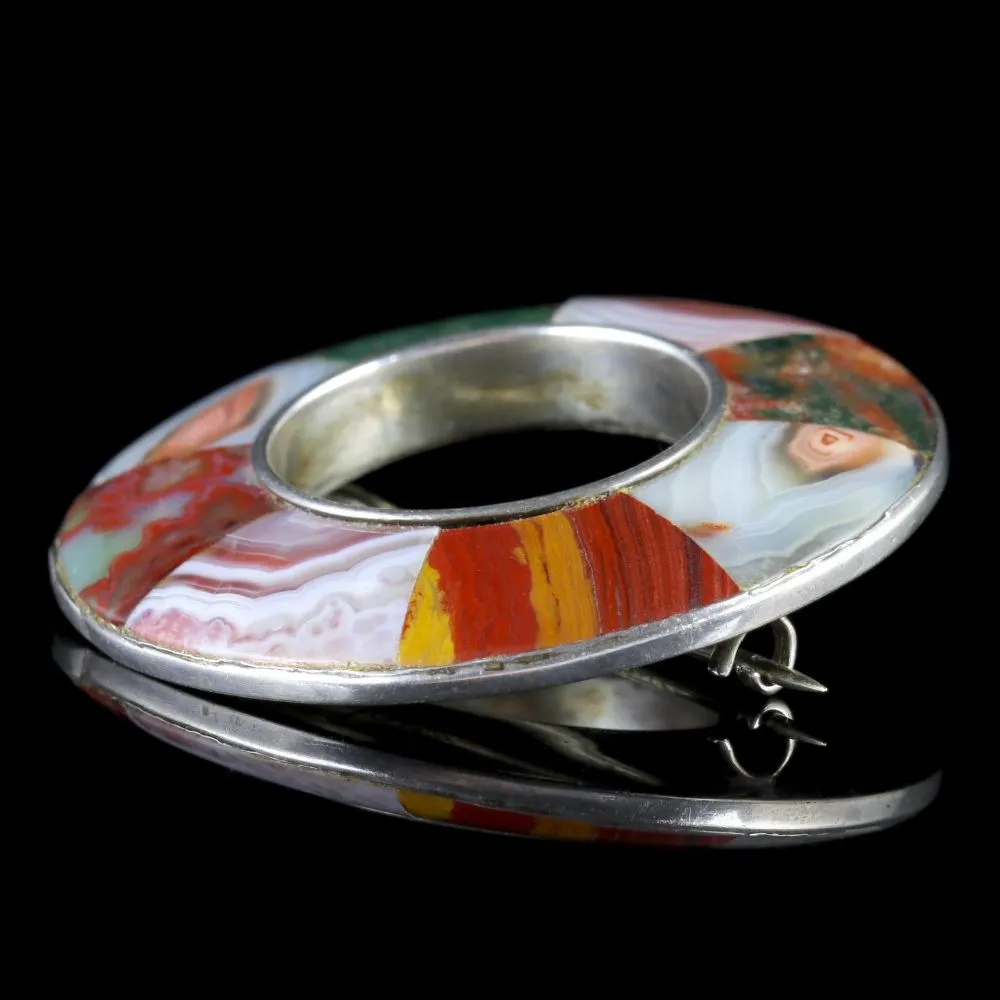 Antique Victorian Scottish Agate Brooch Silver