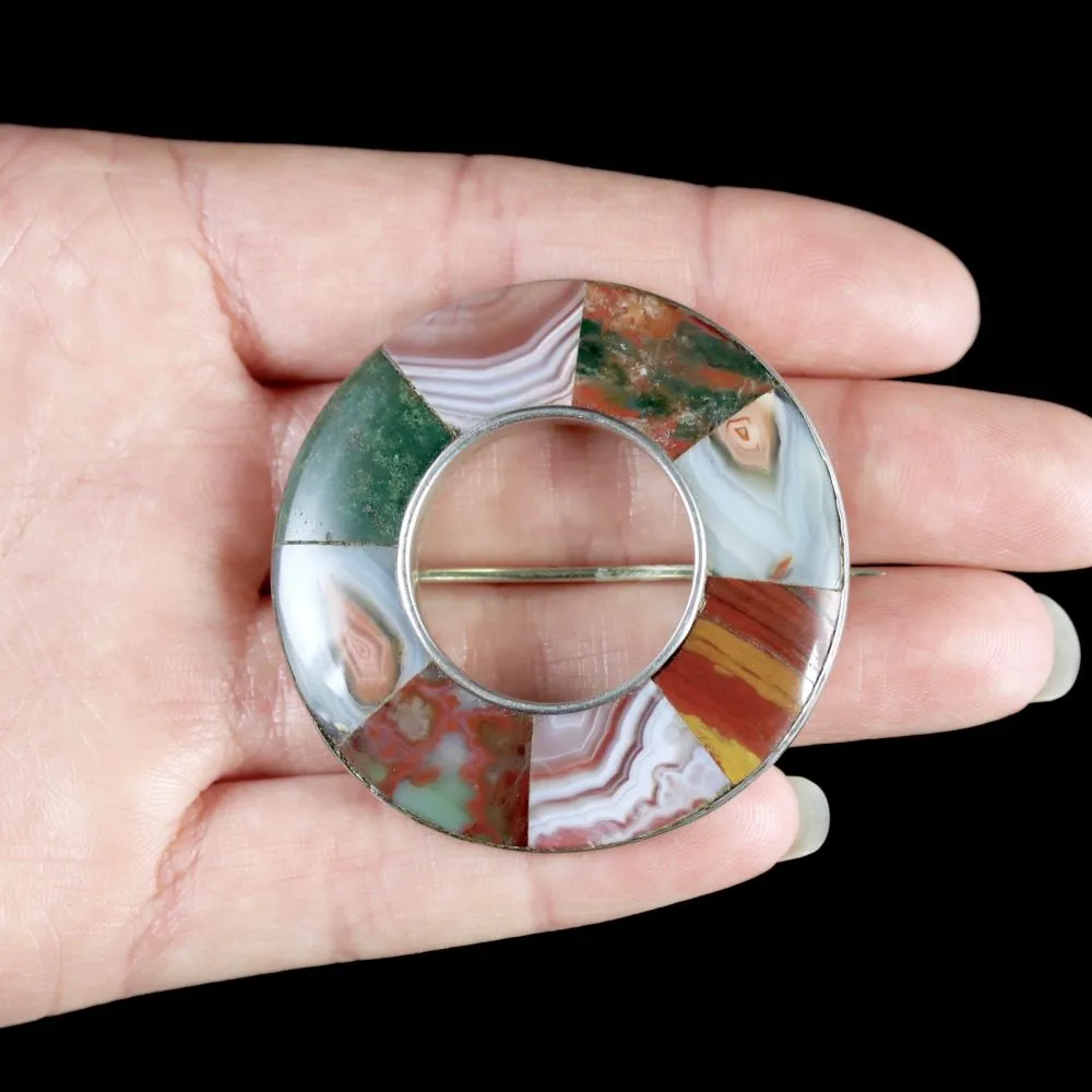 Antique Victorian Scottish Agate Brooch Silver