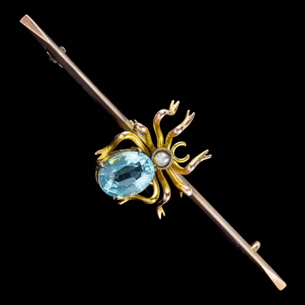 Antique Victorian Spider Bar Brooch Blue Topaz Pearl 9ct Gold