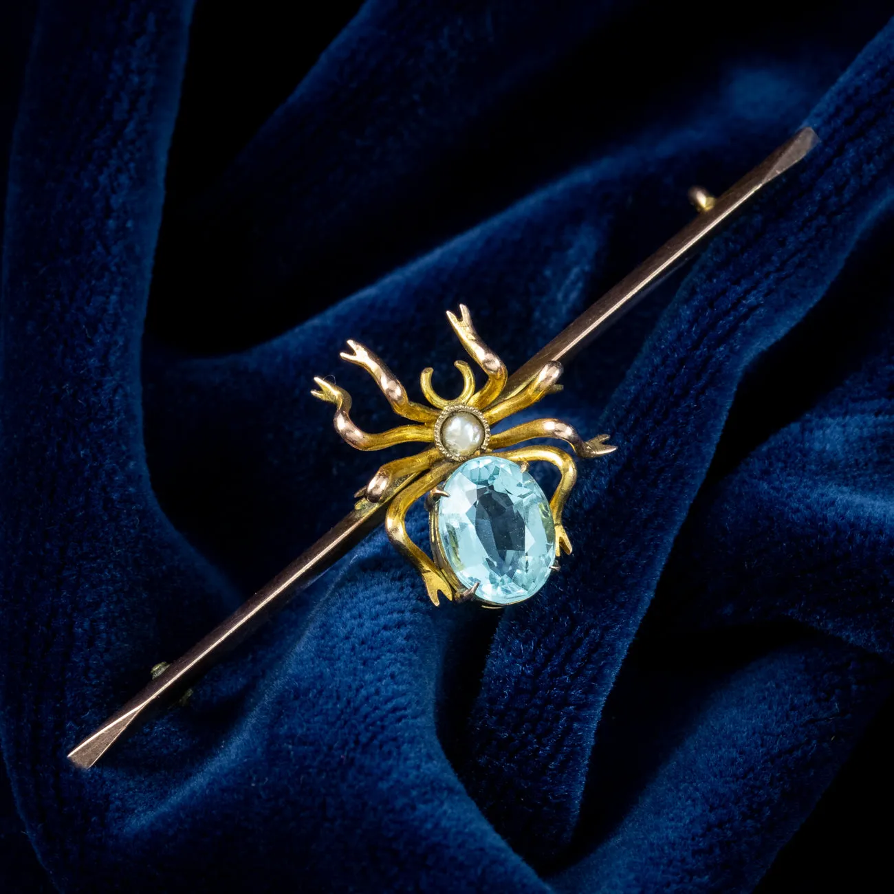 Antique Victorian Spider Bar Brooch Blue Topaz Pearl 9ct Gold