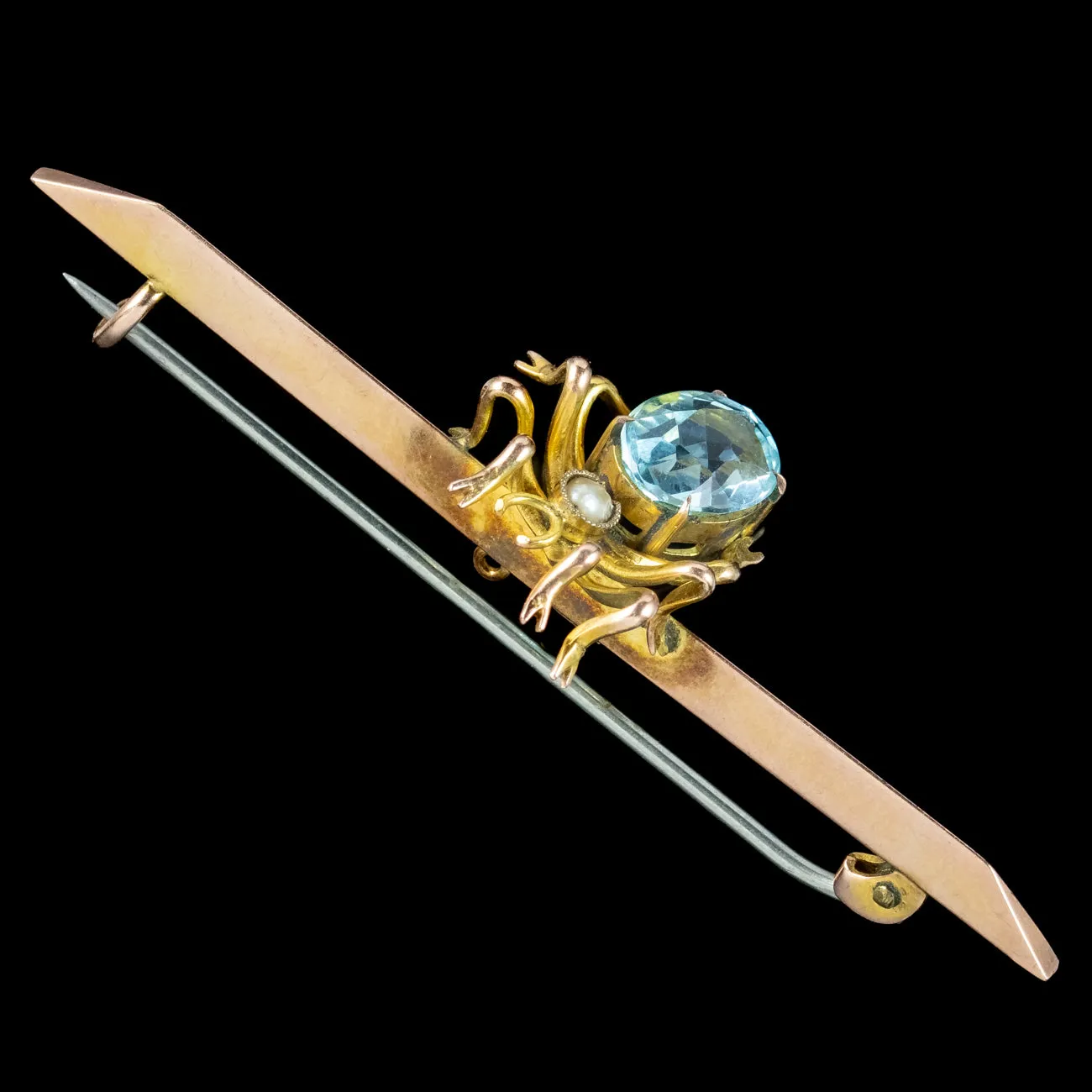 Antique Victorian Spider Bar Brooch Blue Topaz Pearl 9ct Gold
