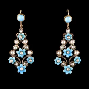 Antique Victorian Turquoise Pearl Forget Me Not Drop Earrings Circa 1900