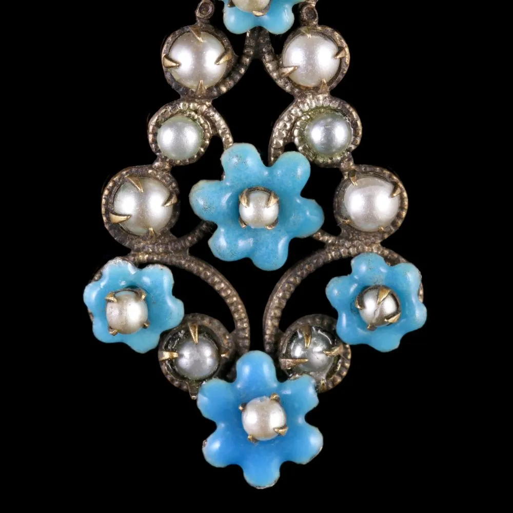 Antique Victorian Turquoise Pearl Forget Me Not Drop Earrings Circa 1900