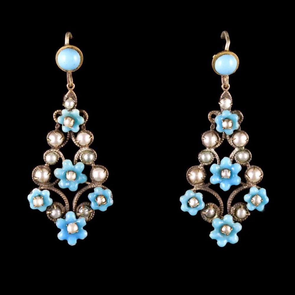 Antique Victorian Turquoise Pearl Forget Me Not Drop Earrings Circa 1900