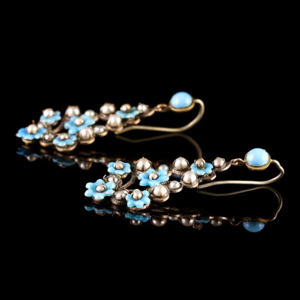 Antique Victorian Turquoise Pearl Forget Me Not Drop Earrings Circa 1900