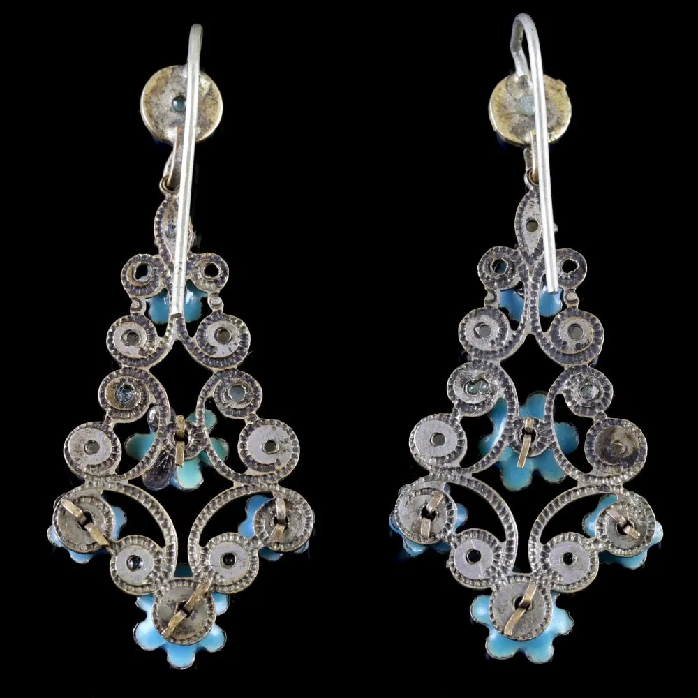 Antique Victorian Turquoise Pearl Forget Me Not Drop Earrings Circa 1900