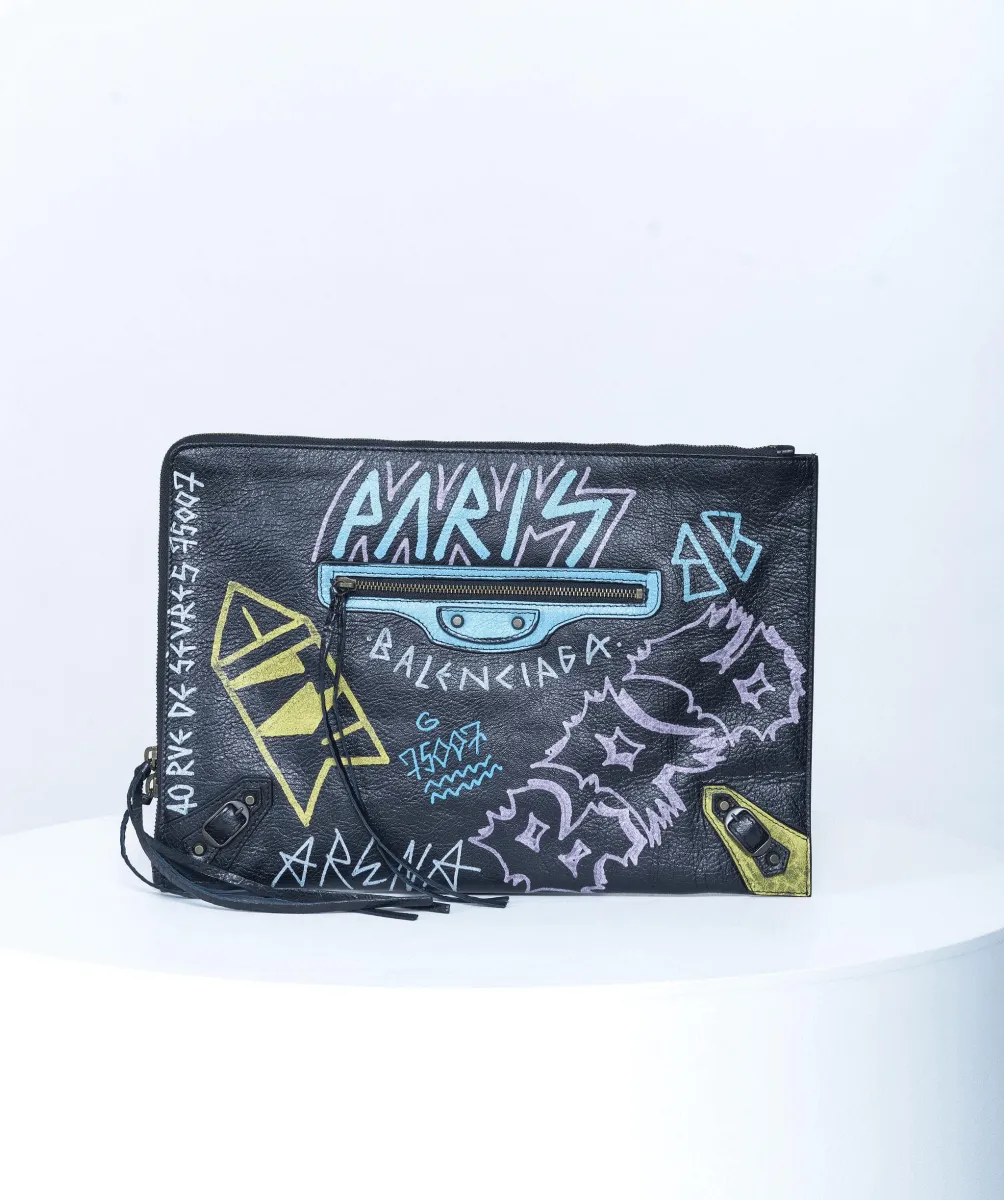 Balenciaga Graffiti Black Leather Clutch Bag