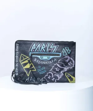 Balenciaga Graffiti Black Leather Clutch Bag