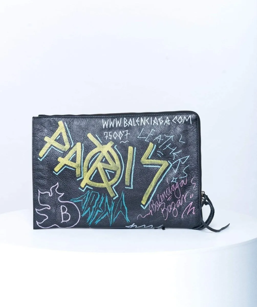 Balenciaga Graffiti Black Leather Clutch Bag