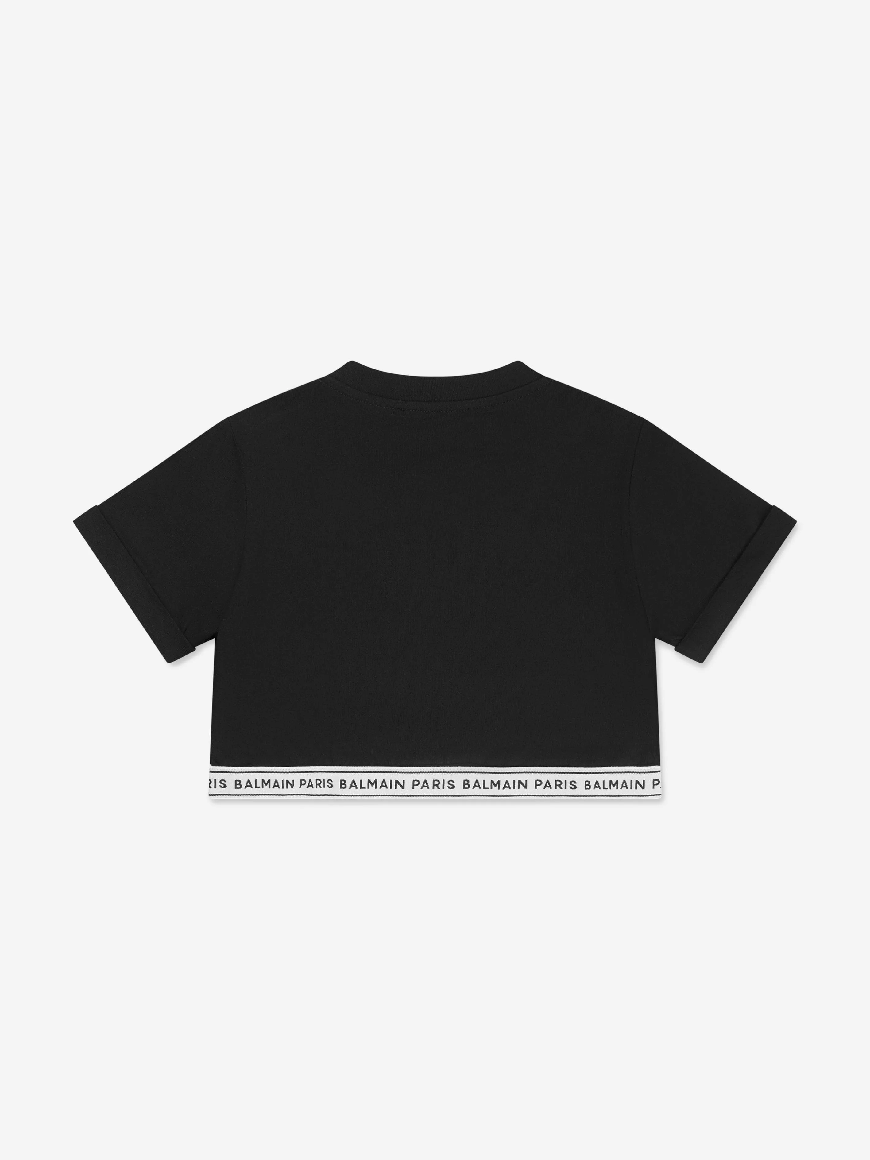 Balmain Girls Cropped Logo T-Shirt in Black