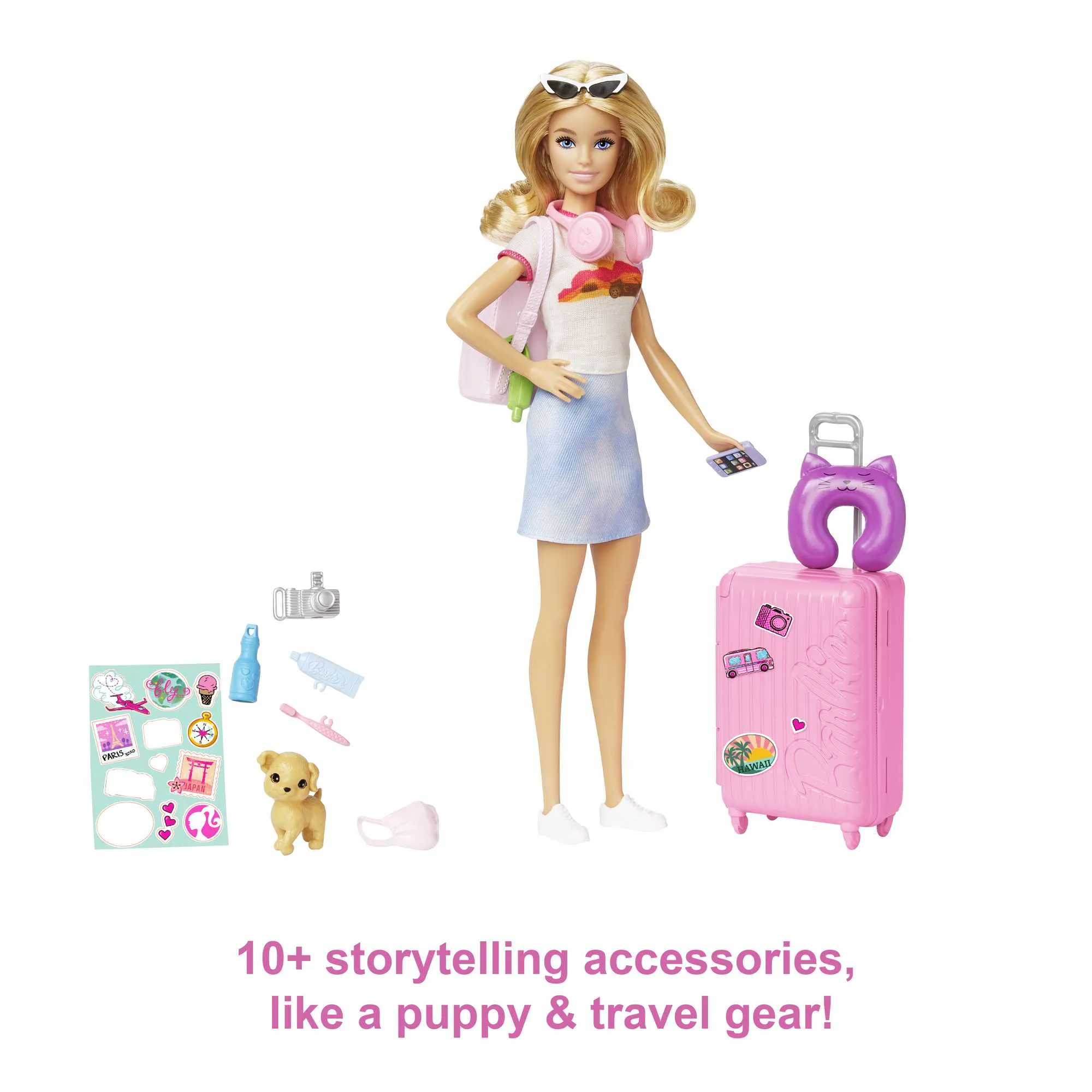 Barbie Doll And Accessories, 'Malibu' Travel Set With Puppy And 10  Pieces Including Working Suitcase