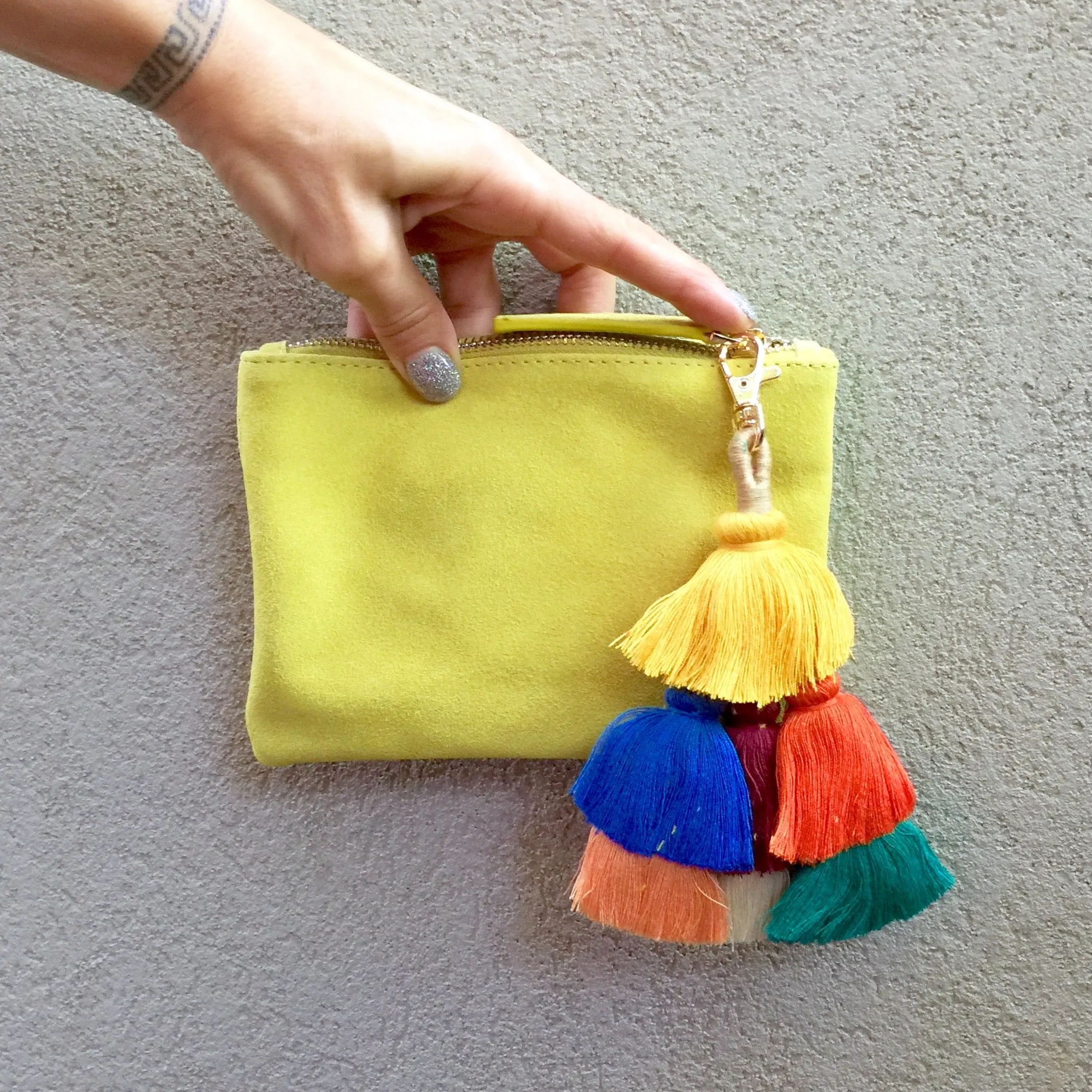 Barcelona Suede Clutch Pouch With Detachable Pom Pom Tassel