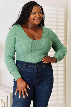 Basic Green Scoop Neck Long Sleeve Top