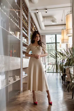 Beige Linen Short Sleeve Midi Dress