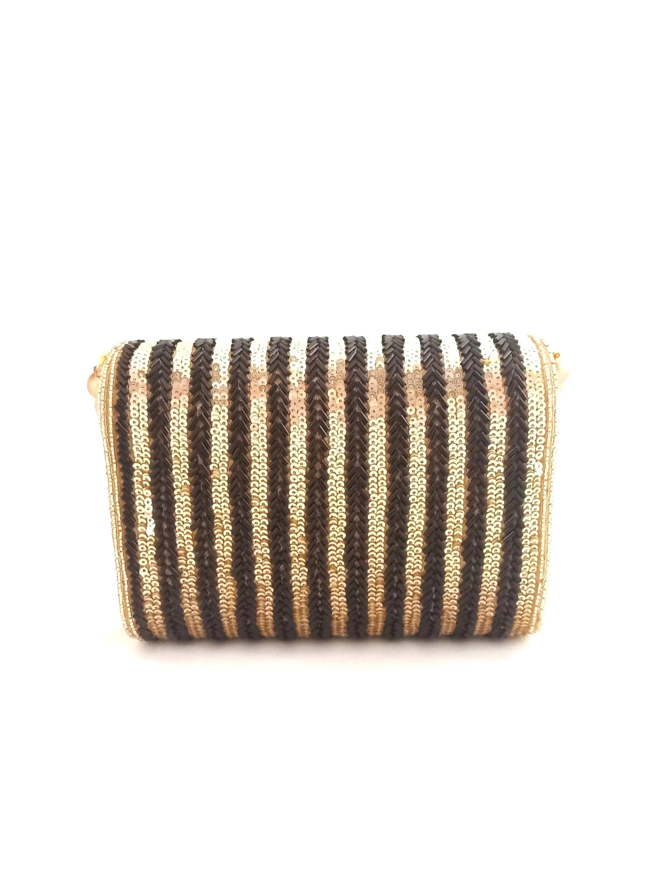 Black Gold Striped Flap Over Hand Embroidered Clutch