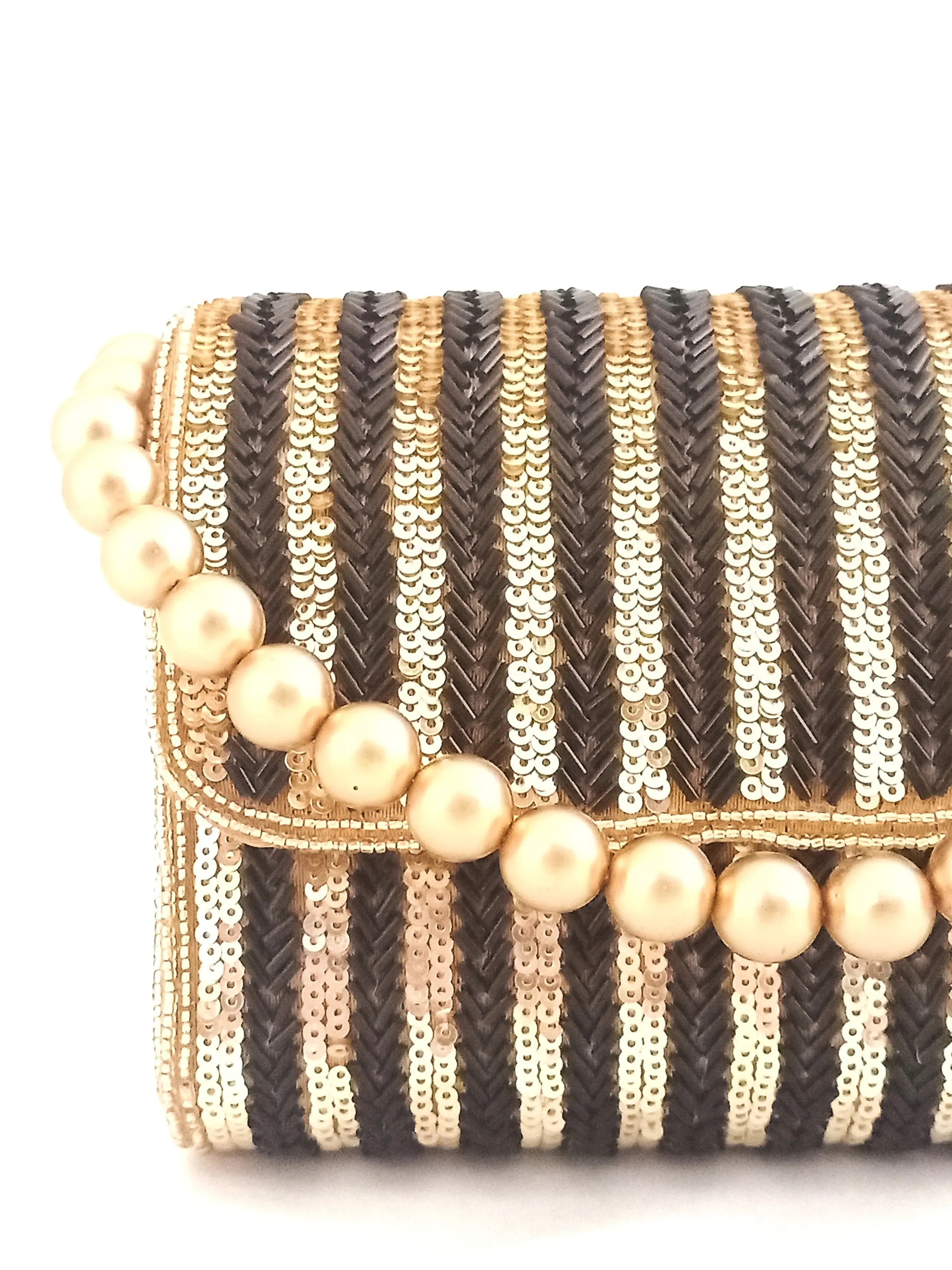 Black Gold Striped Flap Over Hand Embroidered Clutch