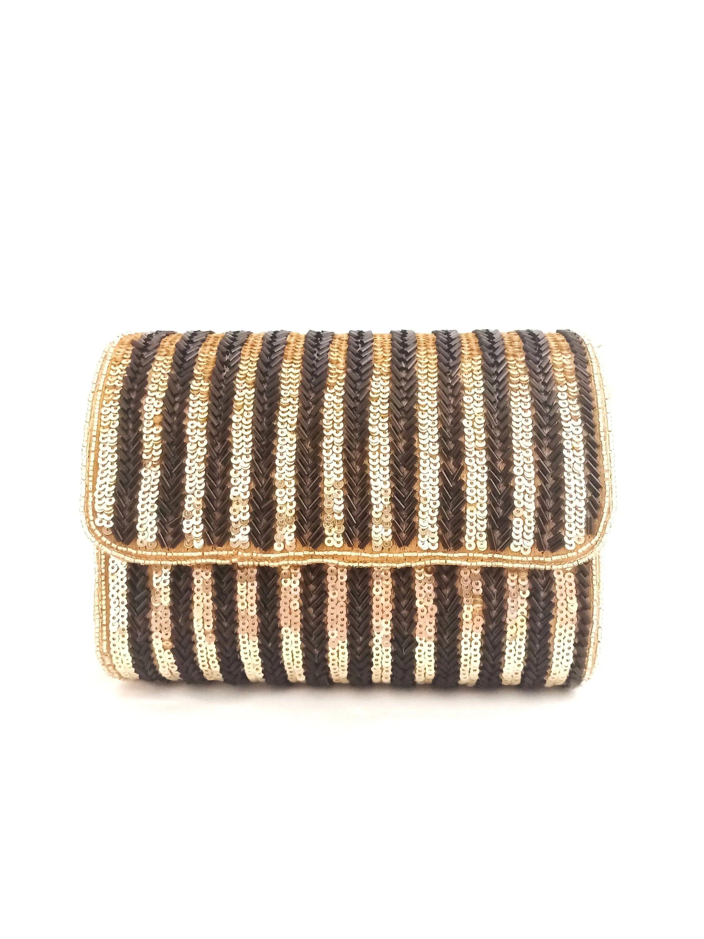 Black Gold Striped Flap Over Hand Embroidered Clutch