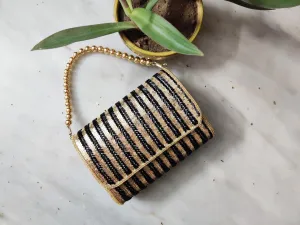 Black Gold Striped Flap Over Hand Embroidered Clutch