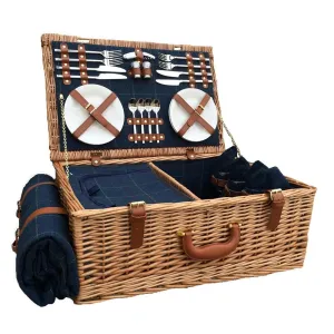 Blue Tweed Fitted Wicker Picnic Basket