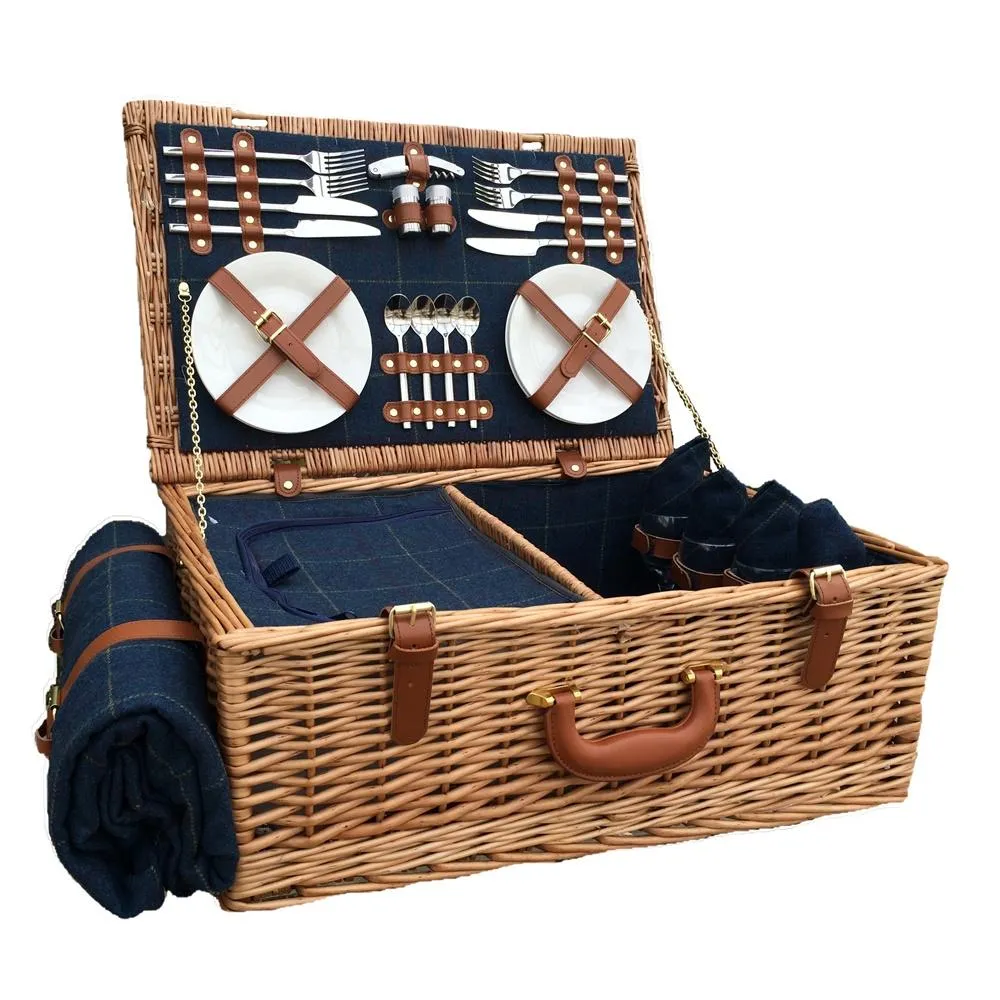 Blue Tweed Fitted Wicker Picnic Basket