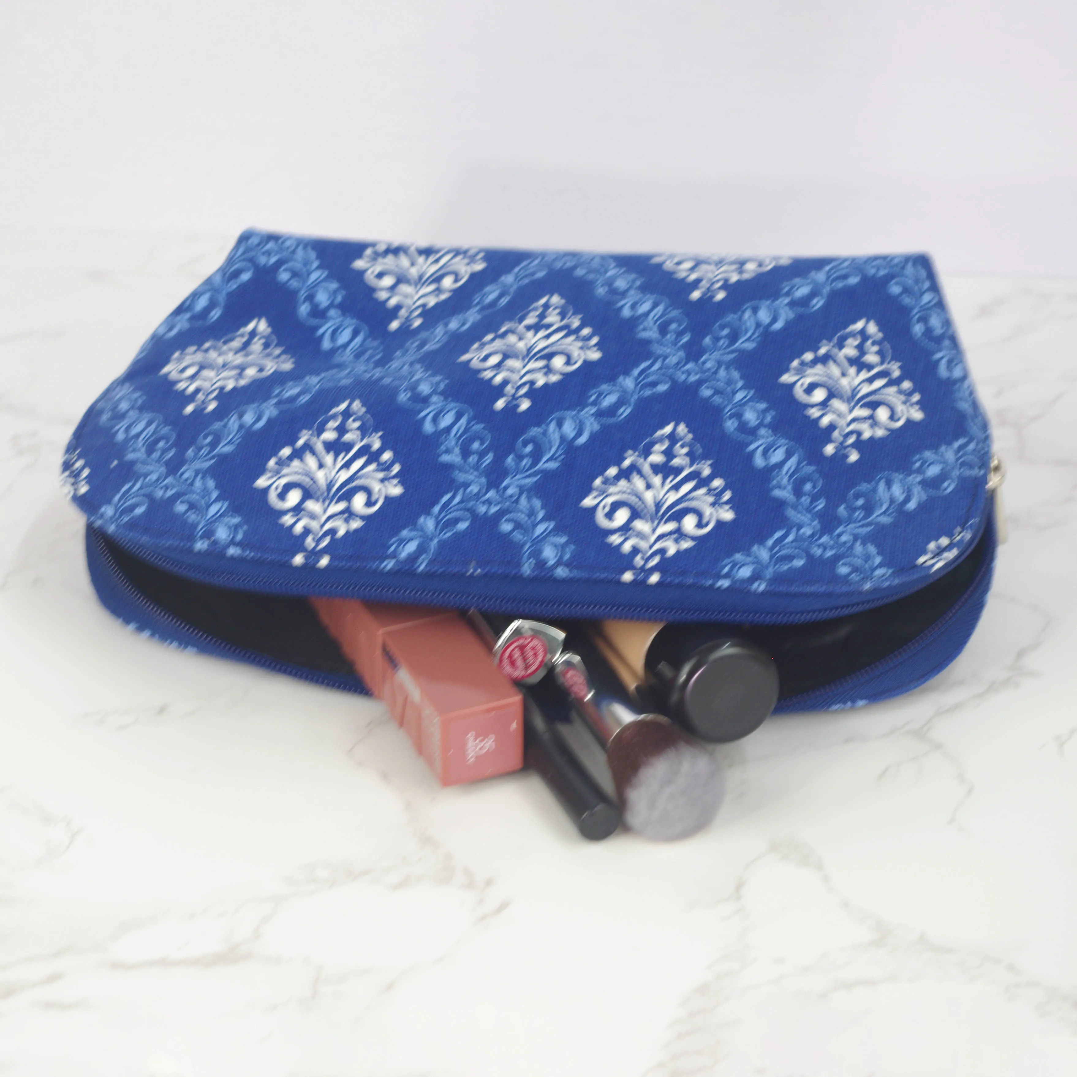 Canvas Wash Bag /Makeup Pouch - White Paisley On Blue