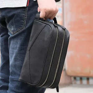 Casual Black Leather Men's Wristlet Bag Double Zipper Clutch Bag For Men