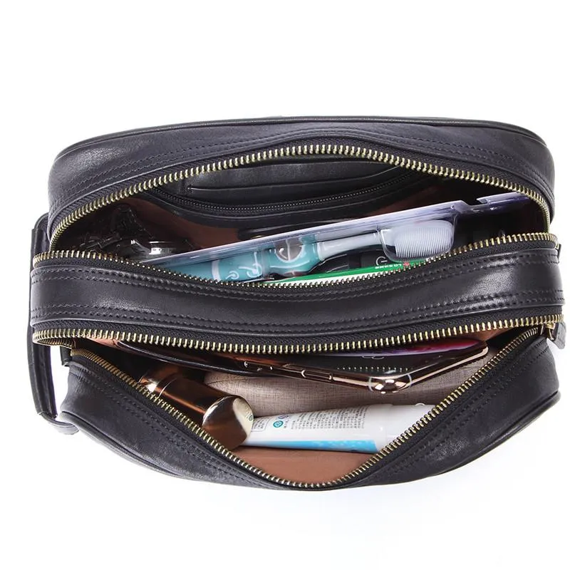 Casual Black Leather Men's Wristlet Bag Double Zipper Clutch Bag For Men